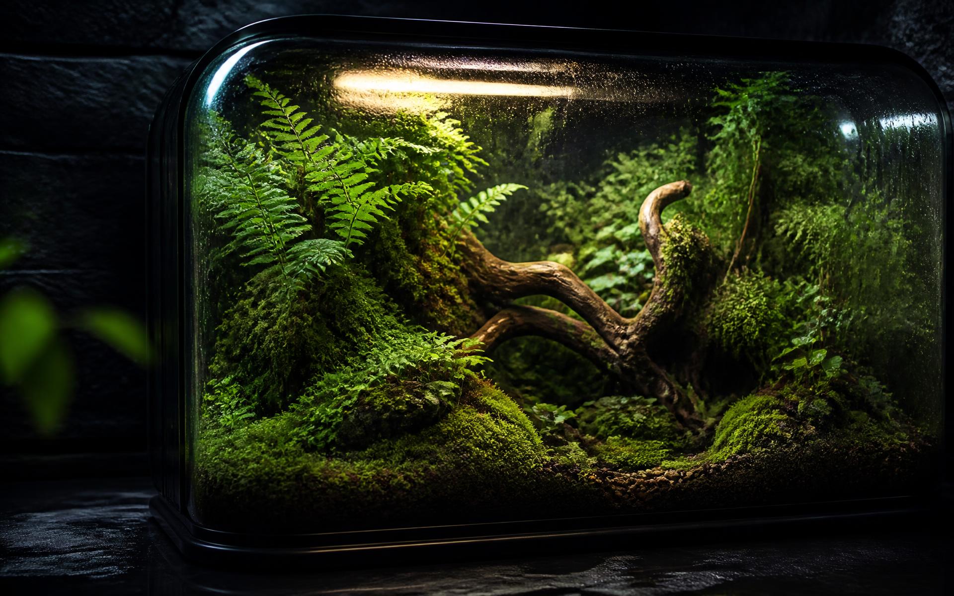 Glass terrarium filled with moss, ferns and driftwood lit by a warm grow light